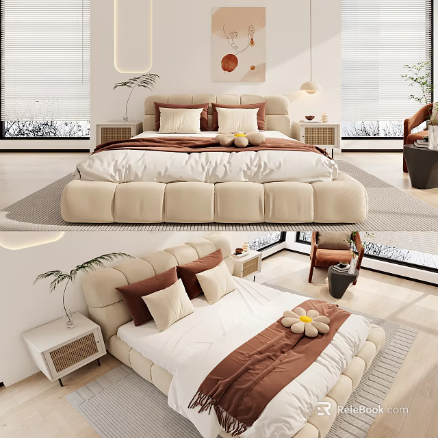 Modern Double Bed Interior With Beige Upholstered Frame Pillows Throw Blanket And Plant 3d model 