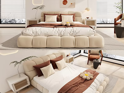 Modern Double Bed Interior With Beige Upholstered Frame Pillows Throw Blanket And Plant 3d model