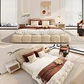 Modern Double Bed Interior With Beige Upholstered Frame Pillows Throw Blanket And Plant