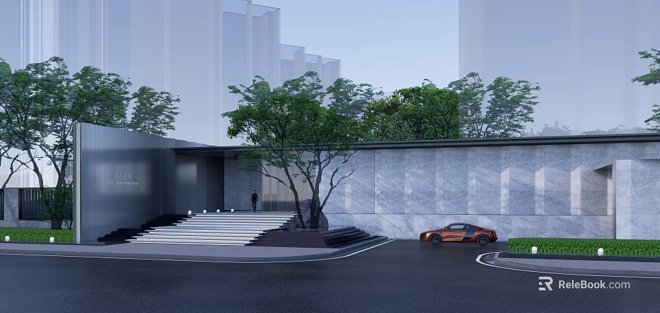 Modern Entrance Gate With Trees Steps And Orange Car Near High Rise Buildings 3d model 