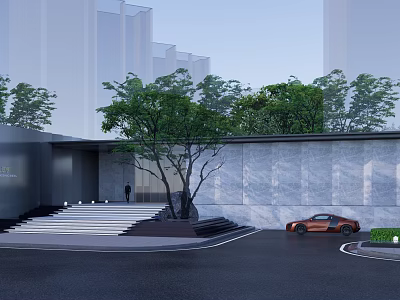 Modern Entrance Gate With Trees Steps And Orange Car Near High Rise Buildings 3d model
