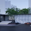 Modern Entrance Gate With Trees Steps And Orange Car Near High Rise Buildings