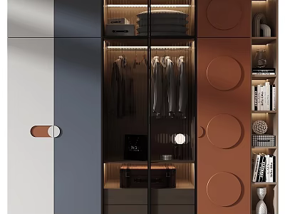 Modern Multicolor Wardrobe Design With Glass Door Circular Panels And Interior Lighting 3d model