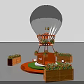 Blue Inflatable Hot Air Balloon Featuring Orange Frame Circular Platform Central Logo and Wooden Planters