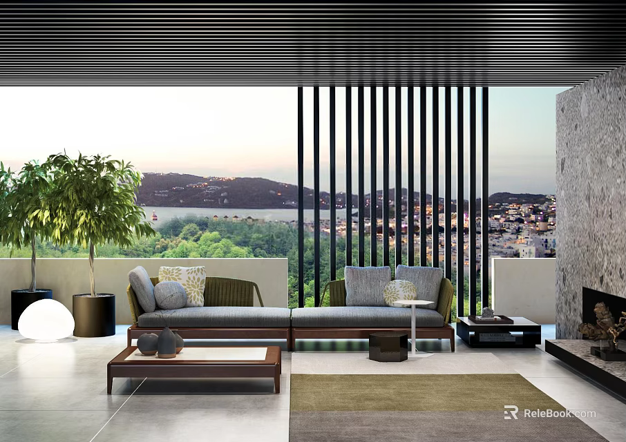 Modern Sofa and Coffee Table Set in Living Room with Large Window Scenic View and Green Plants 3d model 