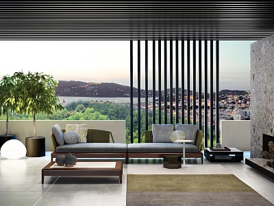 Modern Sofa and Coffee Table Set in Living Room with Large Window Scenic View and Green Plants 3d model