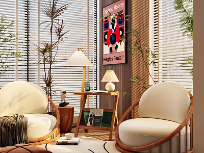Casual Sofa Set With Rattan Frame White Cushions Side Table Lamp And Plants 3d model