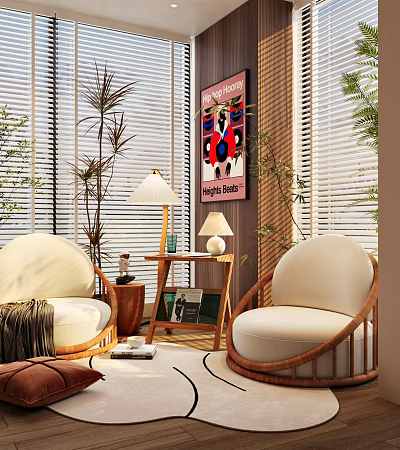 Casual Sofa Set With Rattan Frame White Cushions Side Table Lamp And Plants 3d model