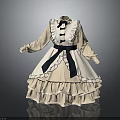 Beige Navy Blue Dress With Ruffled Skirt Black Bow Accents Stand Collar And Long Sleeves