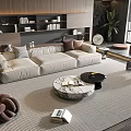 Modern Living Room Interior With Beige Sofa Marble Coffee Table Set Bookshelf And Plant