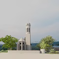 Traditional Stone Minaret Tower Surrounded By Green Trees Under Cloudy Sky With Distant View 3d model