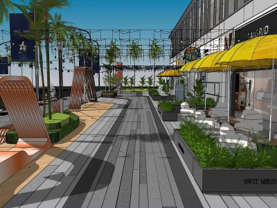 Modern Commercial Street With Yellow Umbrellas Outdoor Seating Palm Trees And Decorative Lights 3d model