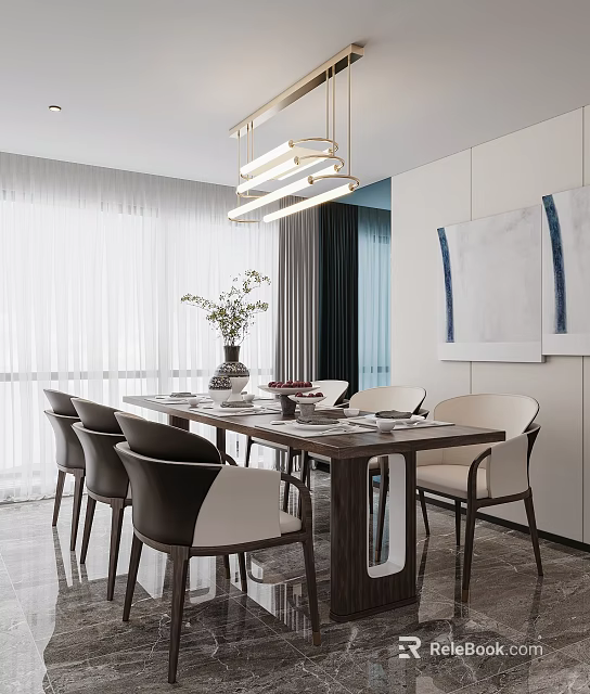 Modern Restaurant Interior Featuring Dining Table Chairs Pendant Light Vase Flowers Curtains And Wall Art 3d model 