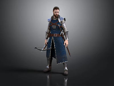 Medieval Warrior Man in Blue Full Armor Holding Bow and Sword 3d model