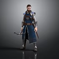 Medieval Warrior Man in Blue Full Armor Holding Bow and Sword