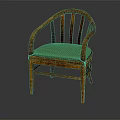 Wooden Armchair With Curved Armrests Slatted Backrest And Green Padded Seat