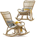 Cozy Rattan Rocking Leisure Chair With Gray And Yellow Cushions And Striped Throw Blanket