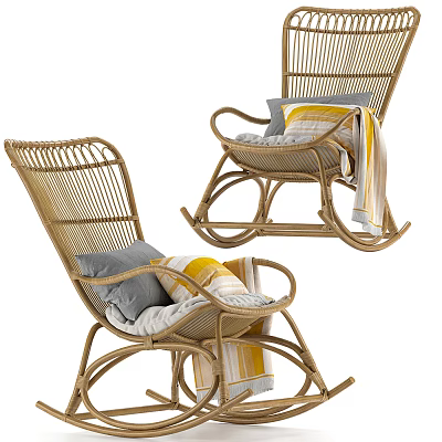 Cozy Rattan Rocking Leisure Chair With Gray And Yellow Cushions And Striped Throw Blanket 3d model