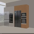 Modern Kitchen Interior Featuring Stainless Steel Refrigerator Wooden Cabinets And Built in Ovens
