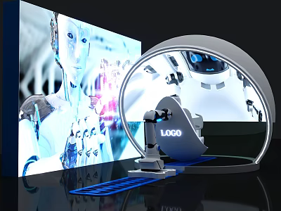 Futuristic Robot Technology Display With Large Screen And Circular Installation 3d model