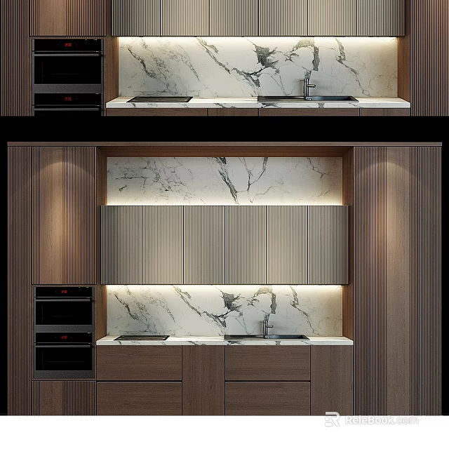 Modern Kitchen Cabinets With Wooden Panels Marble Countertop And Built In Appliances 3d model 