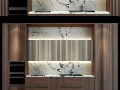 Modern Kitchen Cabinets With Wooden Panels Marble Countertop And Built In Appliances 3d model