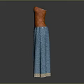 Strapless Long Dress Featuring Orange Diamond Pattern And Blue Textured Skirt With Trim