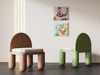 Modern Wooden And Green Children's Chairs With Rounded Legs White Cushions And Cartoon Artworks 3d model
