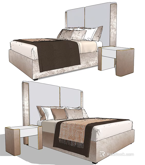 Modern Double Bed Design With Sleek Headboard Bedside Table And Pillows 3d model