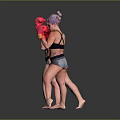 Women In Purple Hair Pink Boxing Gloves Black Sports Bras Gray Shorts Striking Boxing Poses