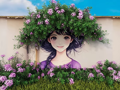 Feature Wall with Girl Mural Purple Flowers Green Plants and Blue Sky Backdrop 3d model