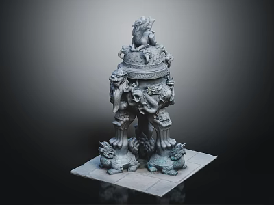 Ancient Stone Sculpture With Lion Figure And Mythical Creatures On Ornate Base 3d model