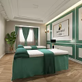Elegant beauty salon interior with green beds wooden flooring and large windows
