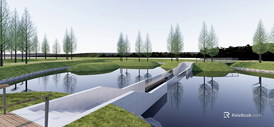 Modern Landscape Bridge Over Water With Green Grassland And Trees Reflections 3d model 
