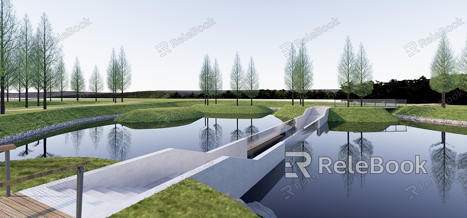 Modern Park Underwater Trestle Park Wetland Waterfront Landscape model