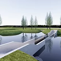 Modern Landscape Bridge Over Water With Green Grassland And Trees Reflections