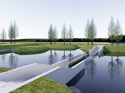 Modern Landscape Bridge Over Water With Green Grassland And Trees Reflections 3d model