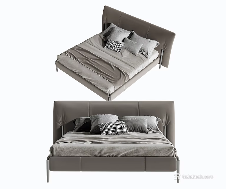 Contemporary Double Bed With Upholstered Headboard Gray Bedding And Decorative Pillows 3d model