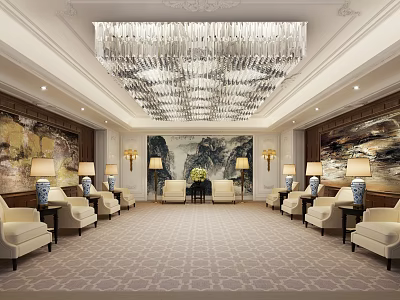Luxurious Hotel Public Lounge Area With Crystal Chandelier Patterned Carpet Sofas And Armchairs 3d model
