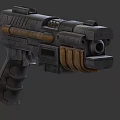 Vintage Sci Fi Weapon Featuring Metallic Body Wooden Stripes Ammo Magazine and Mechanical Design