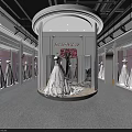 Elegant Bridal Shop Interior With Wedding Dresses White Display Stands Pink Backdrops And Chandelier