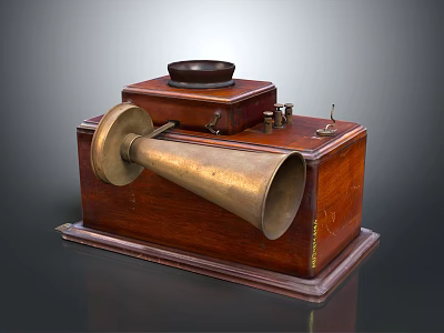 Vintage Phonograph With Wooden Case Horn Speaker And Black Circular Top Component 3d model