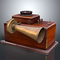 Vintage Phonograph With Wooden Case Horn Speaker And Black Circular Top Component