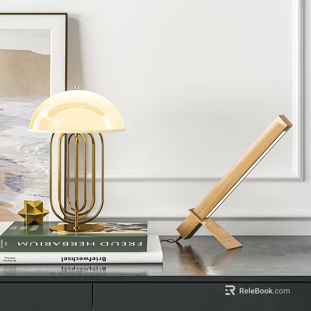 Modern Table Lamp with Brass Frame White Lampshade and Gold Star Decor on Books 3d model 