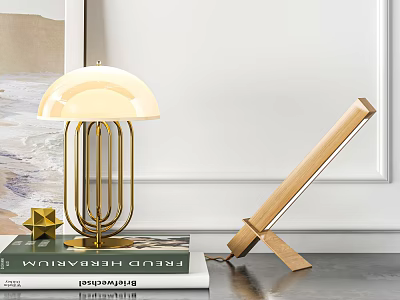 Modern Table Lamp with Brass Frame White Lampshade and Gold Star Decor on Books 3d model