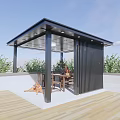 Modern Patio Pavilion With Black Metal Frame Wooden Flooring Dog Resting And Surrounding Green Plants