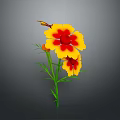 Vibrant Yellow and Red Flower with Green Stems and Leaves Against Gray Background