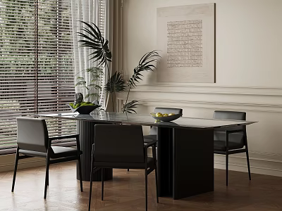 Modern Restaurant Interior With Glass Top Dining Table Black Chairs Window Blinds And Potted Plants 3d model