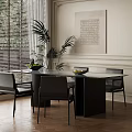 Modern Restaurant Interior With Glass Top Dining Table Black Chairs Window Blinds And Potted Plants