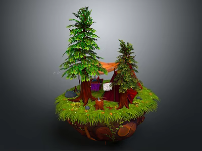 Floating Natural Island Scene With Green Grass Tall Pine Trees And Red Camping Tent 3d model